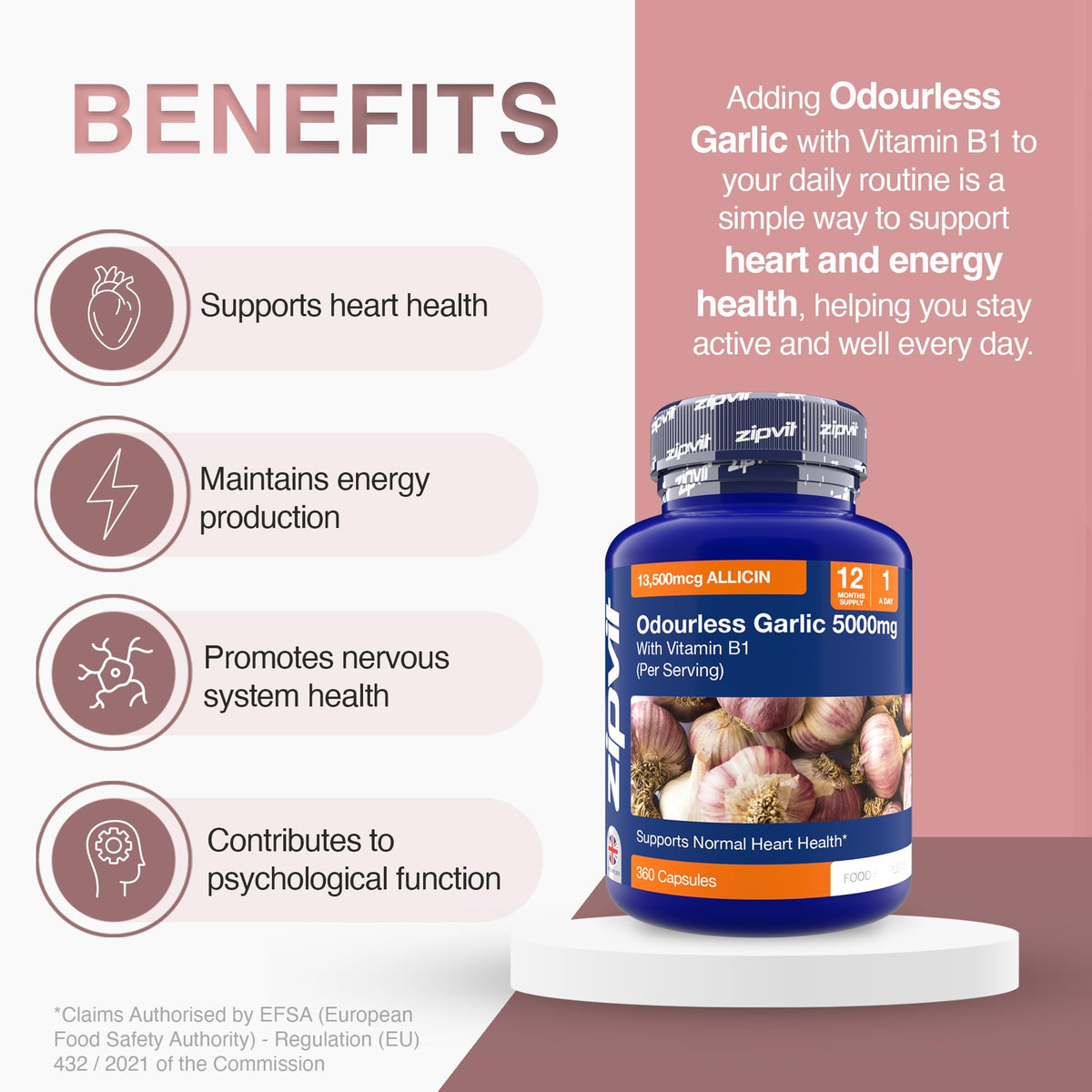 Zipvit Odourless Garlic Capsules 5000mg with Vitamin B1 – 360 Capsules (12 Month Supply) – 10mg 500:1 Garlic Extract