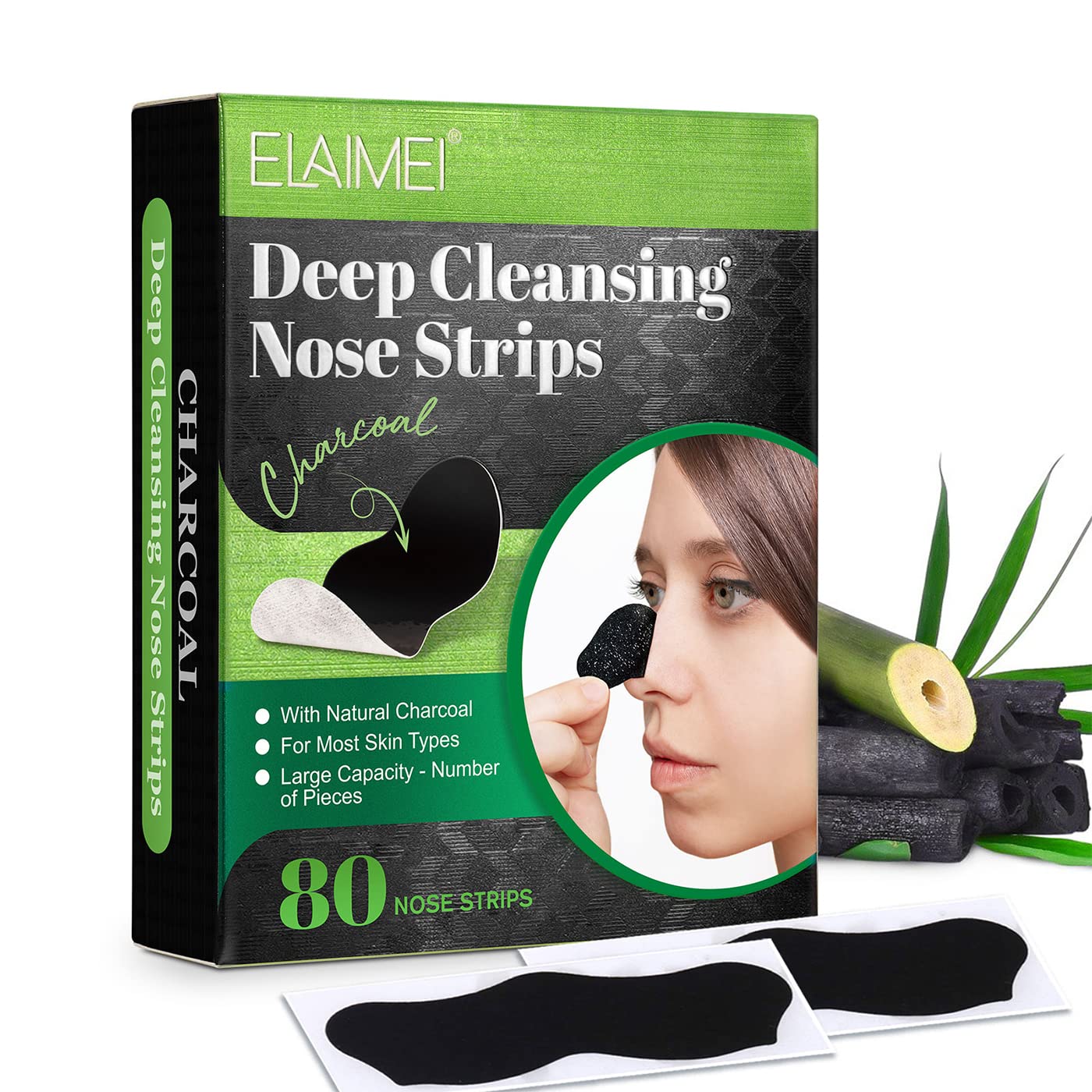 SayaFei Nose Strips, 80 Pcs Pore Strips, Natural Bamboo Charcoal, Deep Cleansing Pores, Removes Blackheads and Pimples, Removes Oil and Impurities, Reduces Pore Dirt. (1 Pack)