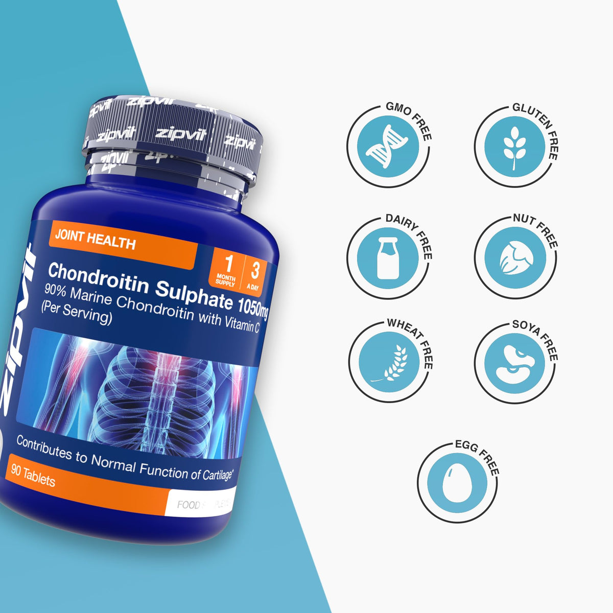 Zipvit Chondroitin Sulphate 1050mg with Vitamin C, 90 Tablets, 90% Pure Marine Chondroitin Joint Care Supplement for Women & Men