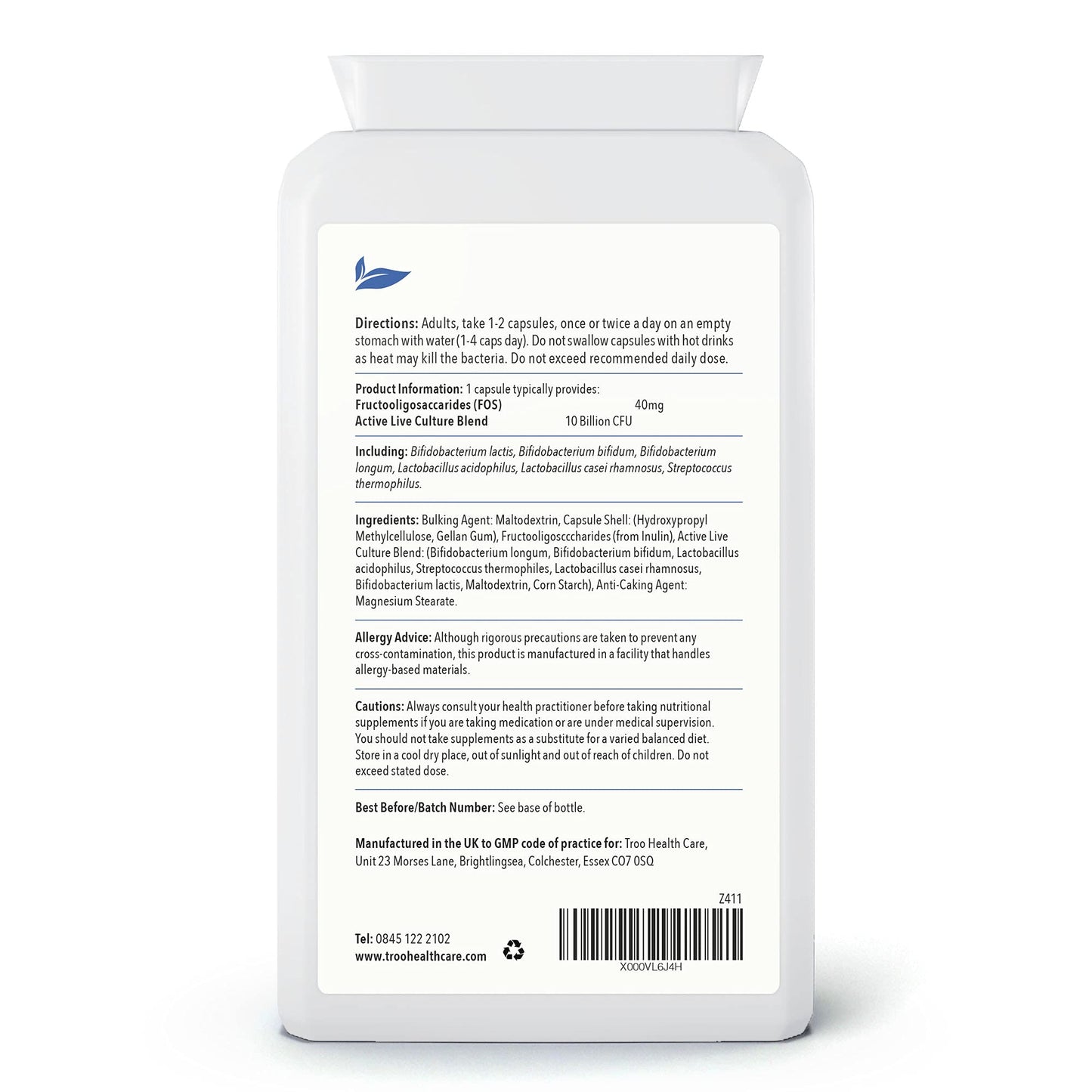 Troo Health Care Lactobacillus Acidophilus 10 Billion CFU 120 Vegan Capsules | High Strength 6 Strain Active Live Bacterial Culture Blend | UK Manufactured to GMP Standards