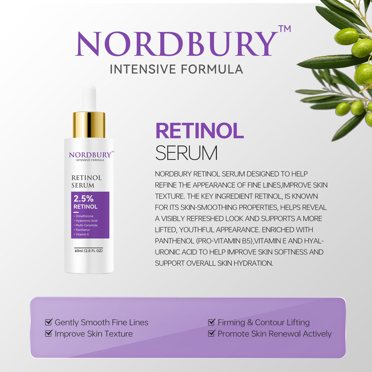 NORDBURY Retinol Serum, 2.5% Retinol with Vitamin E Ceramide Hyaluronic Acid & Organic Aloe Vera, Smooth Fine Lines Reduce Wrinkles and Improve Texture Skin Renewal Actively Night & Day - 60ml