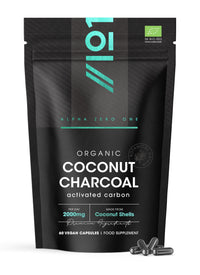 ALPHA01 Organic Activated Coconut Charcoal 2000mg - 60 Capsules - from Thai Coconut Shells - Bloating & Gas, Digestion & Flatulence Natural Relief – Resealable and Recyclable Pouch by Alpha01