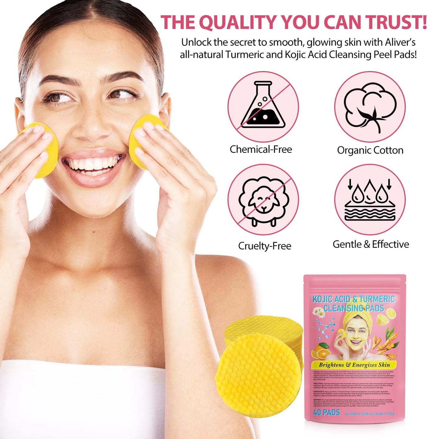 OBNOSWLPJMN 40 Count Koji Acid and Turmeric Cleansing Pads, Turmeric Kojic Acid Exfoliating Pads, Turmeric Kojic Pads, Natural Turmeric Face Cleansing Pads Cosmetic Spa sponges for Facial Cleansing