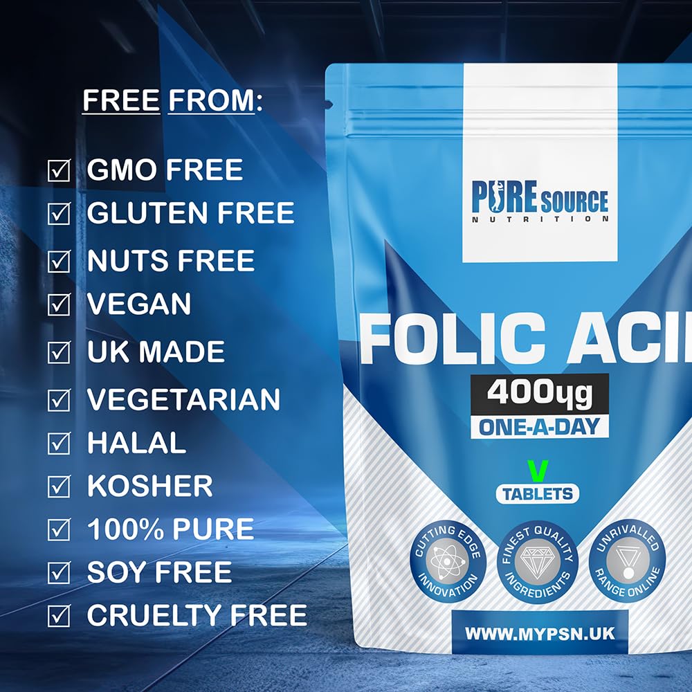Pure Source Nutrition Folic Acid Tablets 400 mcg Vegan Vitamin B9 Tablets - Pregnancy Care - Normal Function of Immune System & Supports Maternal Tissue Growth - Reduce Tiredness and Fatigue by PSN (180 Tablets)
