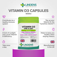 Lindens Vitamin D3 4000IU - 360 High Strength Capsules - Supports Healthy Immune System & Calcium Absorption - One-A-Day Capsule - 12 Month Supply - UK Manufacturer & Letterbox Friendly
