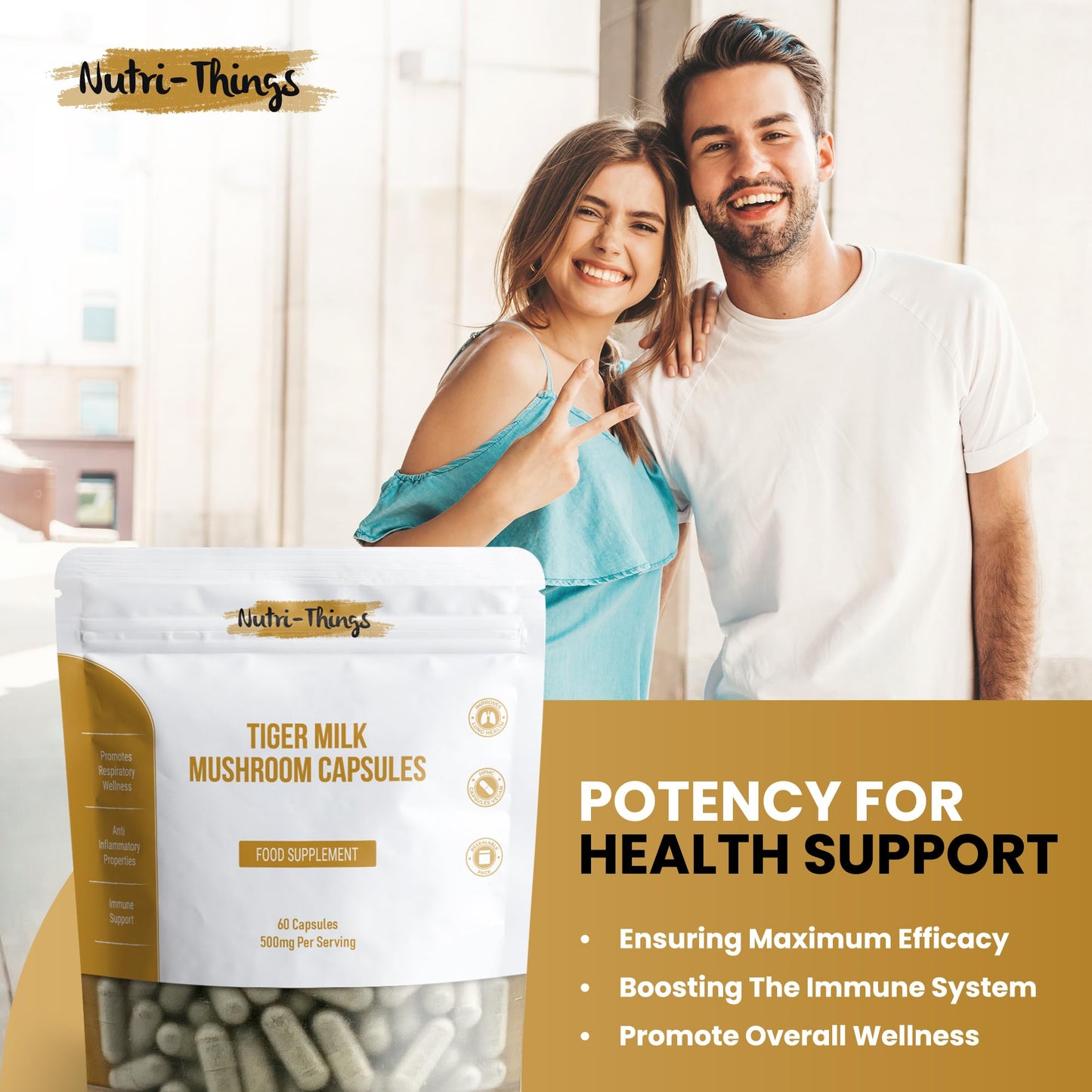 Nutri-things Tiger Milk Mushroom Capsules | Pure 500mg Extract for Immune & Respiratory Support | Vegan-Friendly HPMC | Anti-Inflammatory Benefits | Enhances Lung Health | 60 Count Resealable Pack