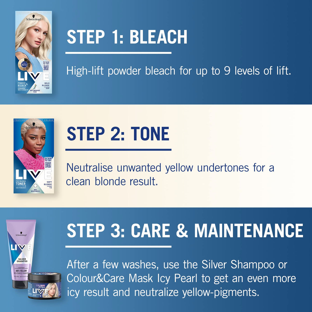 Schwarzkopf LIVE Post-Bleach Hair Toner, Soft Blonde Semi-Permanent Colour Toner, for Cool Blondes, Soft Blonde Toner Neutralises Brassiness and Yellow Tones for up to 16 Washes
