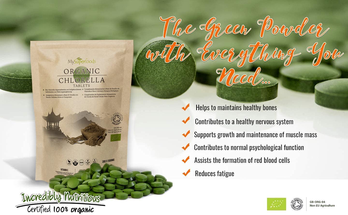 MySuperfoods Organic Chlorella Tablets (300 x 500mg), Natural Source of Protein