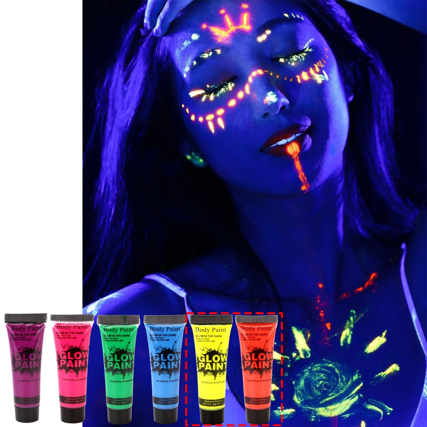 LYNTYAOU 6 Colors UV Neon Face Body Paint, Makeup Set Fluorescent Painting Glow in Dark, Blacklight Safe Non-toxic Quick-Dry Paint for Adults Halloween, Christmas（6 X 10ml）