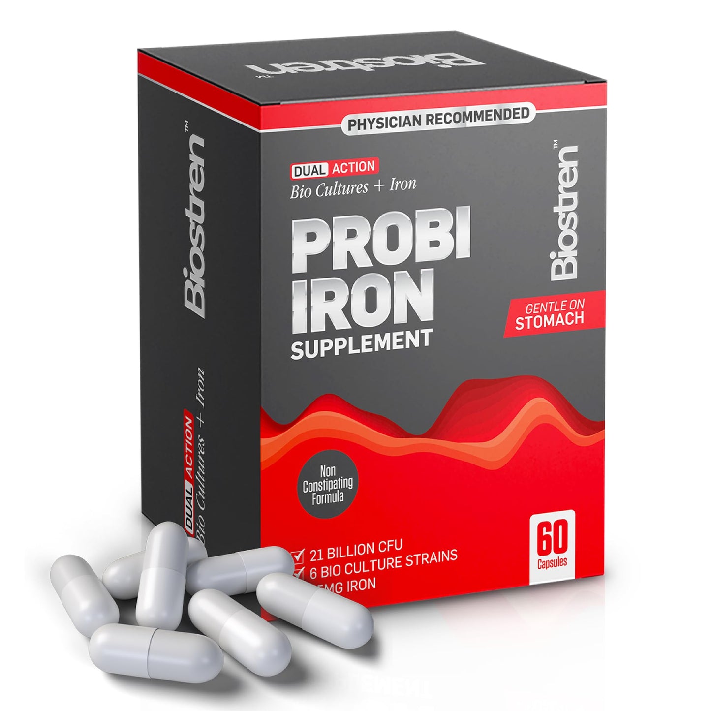 Biostren Probi Iron | 2 in 1 Bio Cultures Complex Plus Iron for Ultimate Gut Health and Hemoglobin Support | Probiotic | Red Blood Cells | Bloat Relief | Digestion | IBS | 60 Capsules