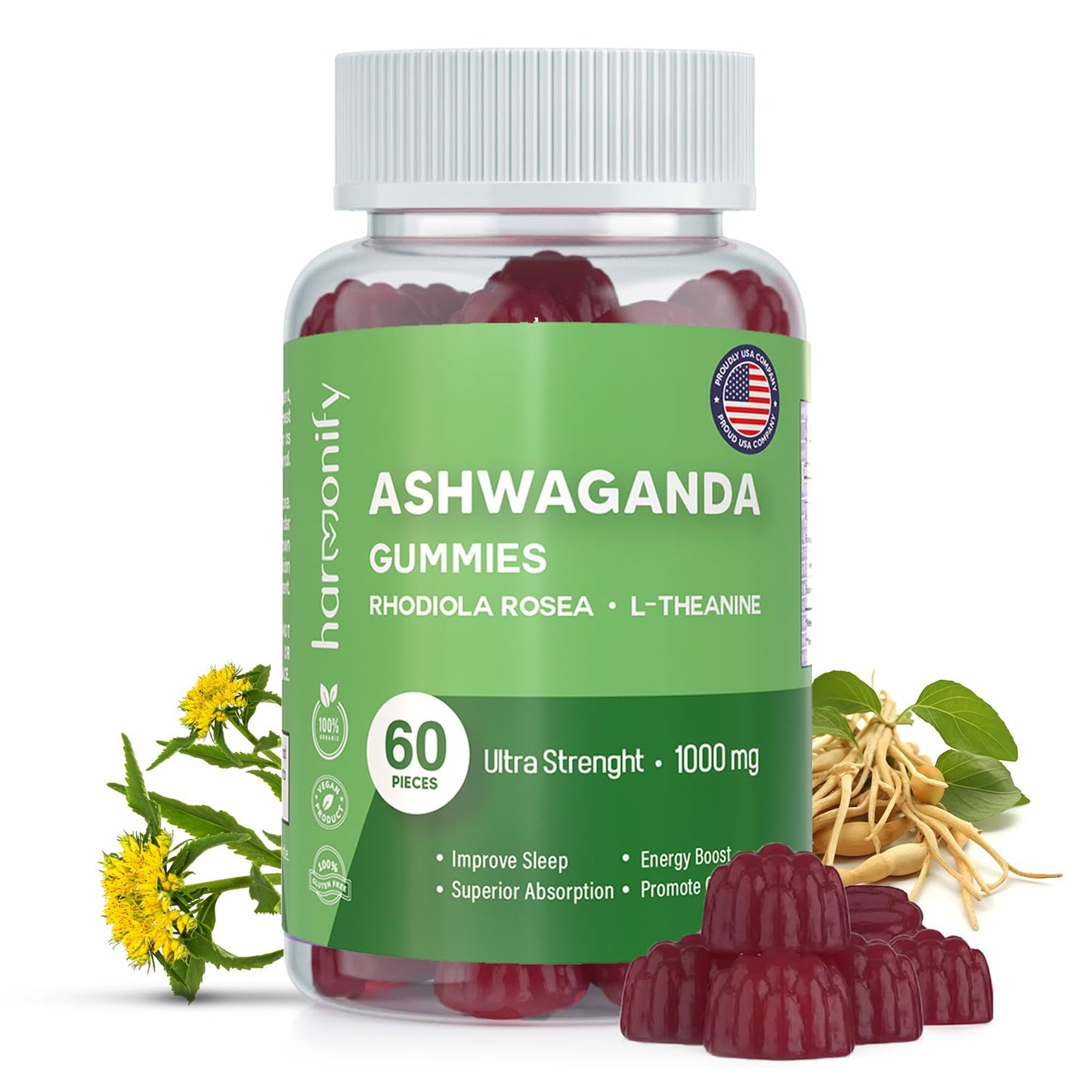 HARMONIFY Ashwagandha Gummies Rhodiola Rosea with L Theanine, Vegan Plant Based, Non-GMO, Support Energy, Relax and Restore, 1000 mg, 30 Days Servings