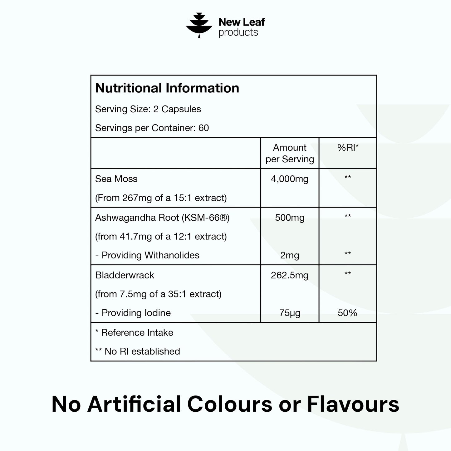 NEW LEAF PRODUCTS Sea Moss Complex - Pure Irish Sea Moss Capsules with Bladderwrack & KSM Ashwagandha - High Strength Seamoss Capsule - 120 Fill Vegan Irish Seamoss Capsules Made in The UK By New Leaf