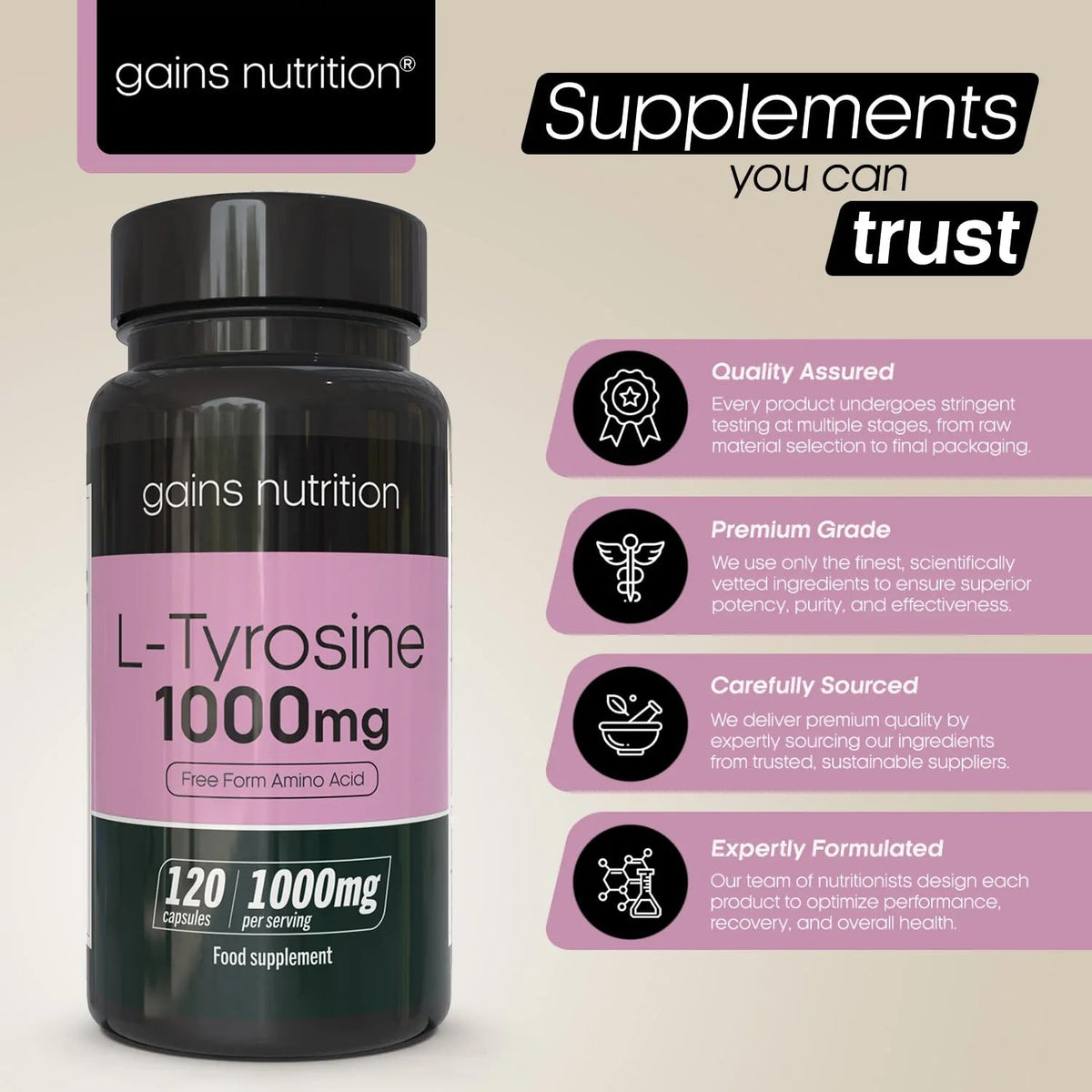 Gains Nutrition GN L Tyrosine | 120 High Strength L-Tyrosine Capsules - 1000mg Tyrosine per Serving | L-Tyrosine Supplement | Non-GMO, Gluten & Allergen Free | Made in The UK