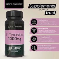 Gains Nutrition GN L Tyrosine | 120 High Strength L-Tyrosine Capsules - 1000mg Tyrosine per Serving | L-Tyrosine Supplement | Non-GMO, Gluten & Allergen Free | Made in The UK