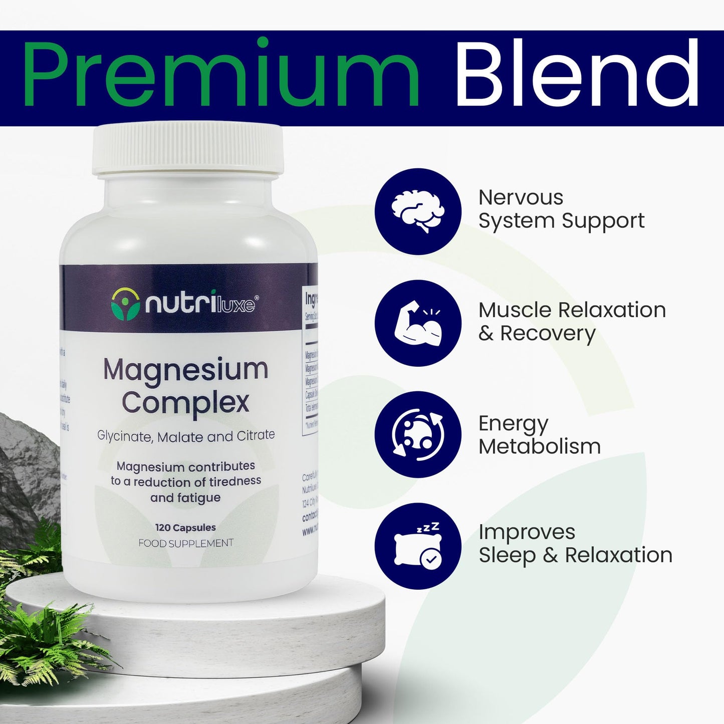 nutriluxe Nutriluxe Magnesium Glycinate Complex - 202mg Elemental Magnesium, 3 Forms - High Absorption - Chelated - Sleep, Muscle Function & Energy Support - UK Made, GMP Certified - 120 Vegan Capsules