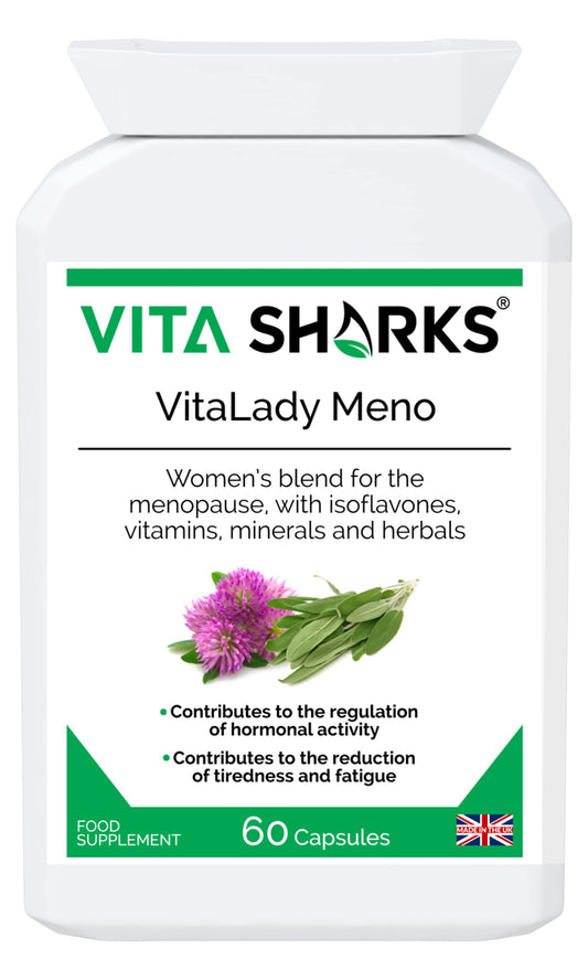 Vita Sharks VitaLady Meno for Natural Relief & Support of Menopause Symptoms & Hot Flashes, with 13 Potent Kosher Vegan Herbal Ingredients Including B6, Zinc & Isoflavones