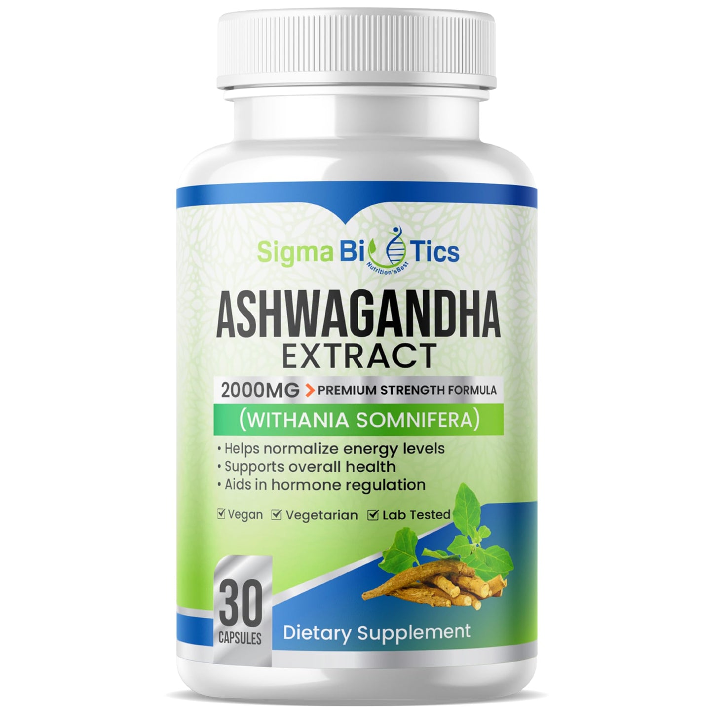 SigmaBiotics Ashwagandha Extract Tablets - Premium Strength Formula - Supports Energy, Overall Health, and Hormone Regulation - Vegan and Gluten Free - 30 Tablets