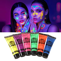 SHEBEEDO 6 Colors UV Glow Neon Face and Body Paint Set, Glow in the Dark Face Paint kit, Fluorescent Body Paint, Safe Non-Toxic Quick-Dry Paint for Halloween, Festivals, Parties, and Cosplay