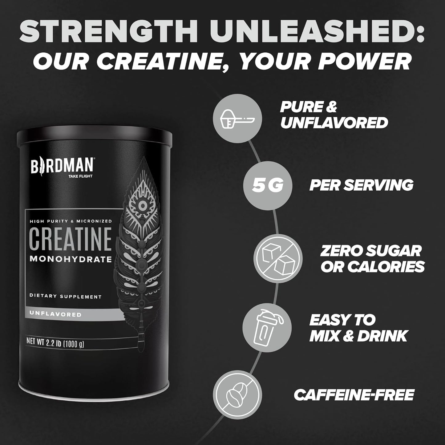 Birdman Micronized Creatine Monohydrate Powder, Organic, Muscle Recovery, Caffeine Free, Creatine Pre Workout, Vegan, Post Workout, Gluten Free, Sugar Free | 80 Servings (5 Grams Each) | 0.8lb