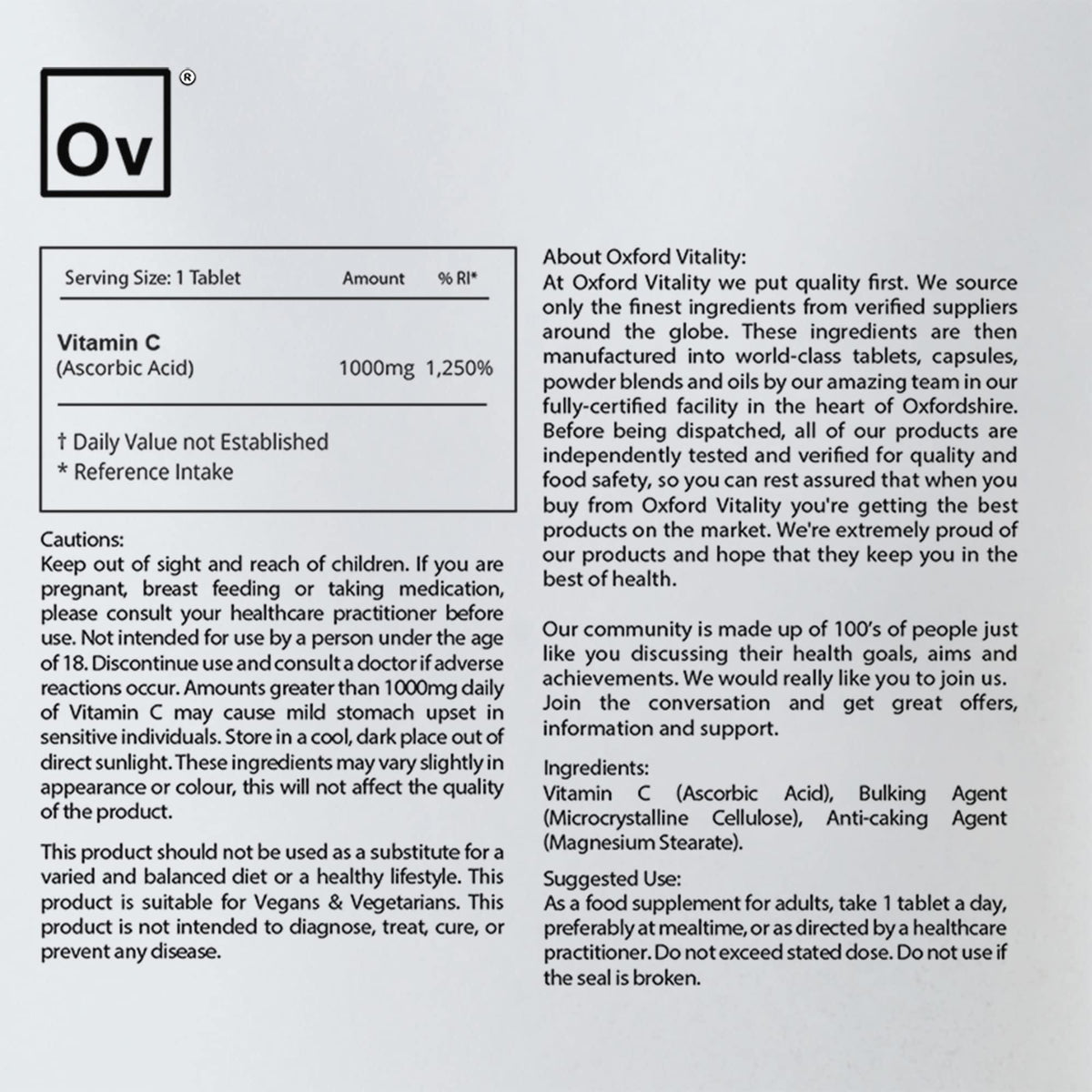Ov OXFORD VITALITY Vitamin C Tablets | 1000mg Supplements for General Health, Energy & Collagen Production | Oxford Vitality
