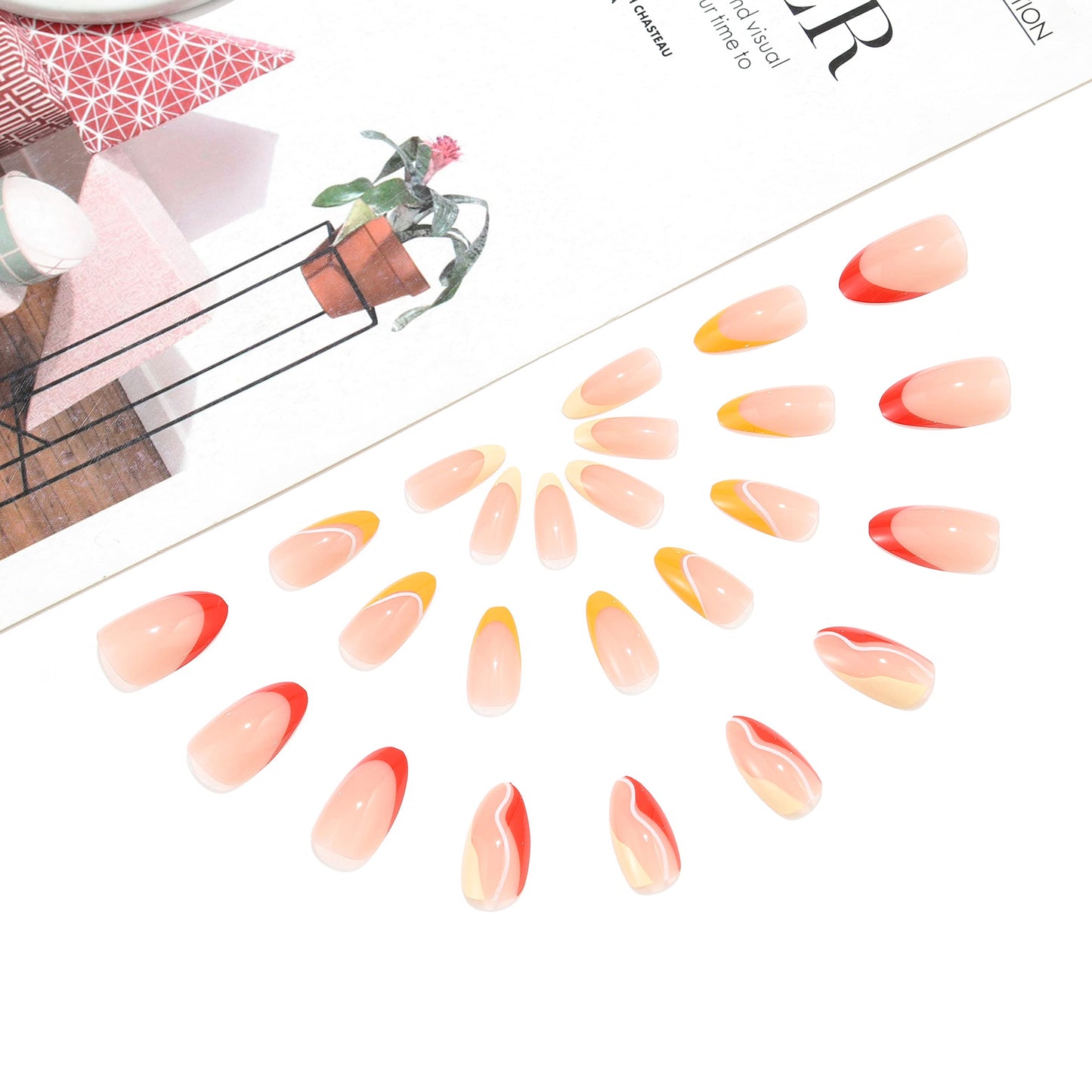 Sethexy Swirl Almond False Nails Orange French Stiletto Stick on Nails Wave Line Fake Nails 24Pcs Acrylic Art Press on Nail Tips for Women and Girls