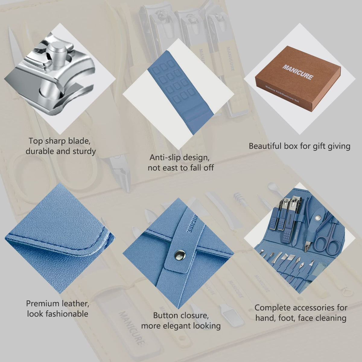 Leipple Manicure Set Professional Nail Clippers Pedicure Kit, 16 pcs Stainless Steel Nail Care Tools Grooming Kit with Luxurious Travel Leather Case for Thick Nails Men Women Gift (Blue)