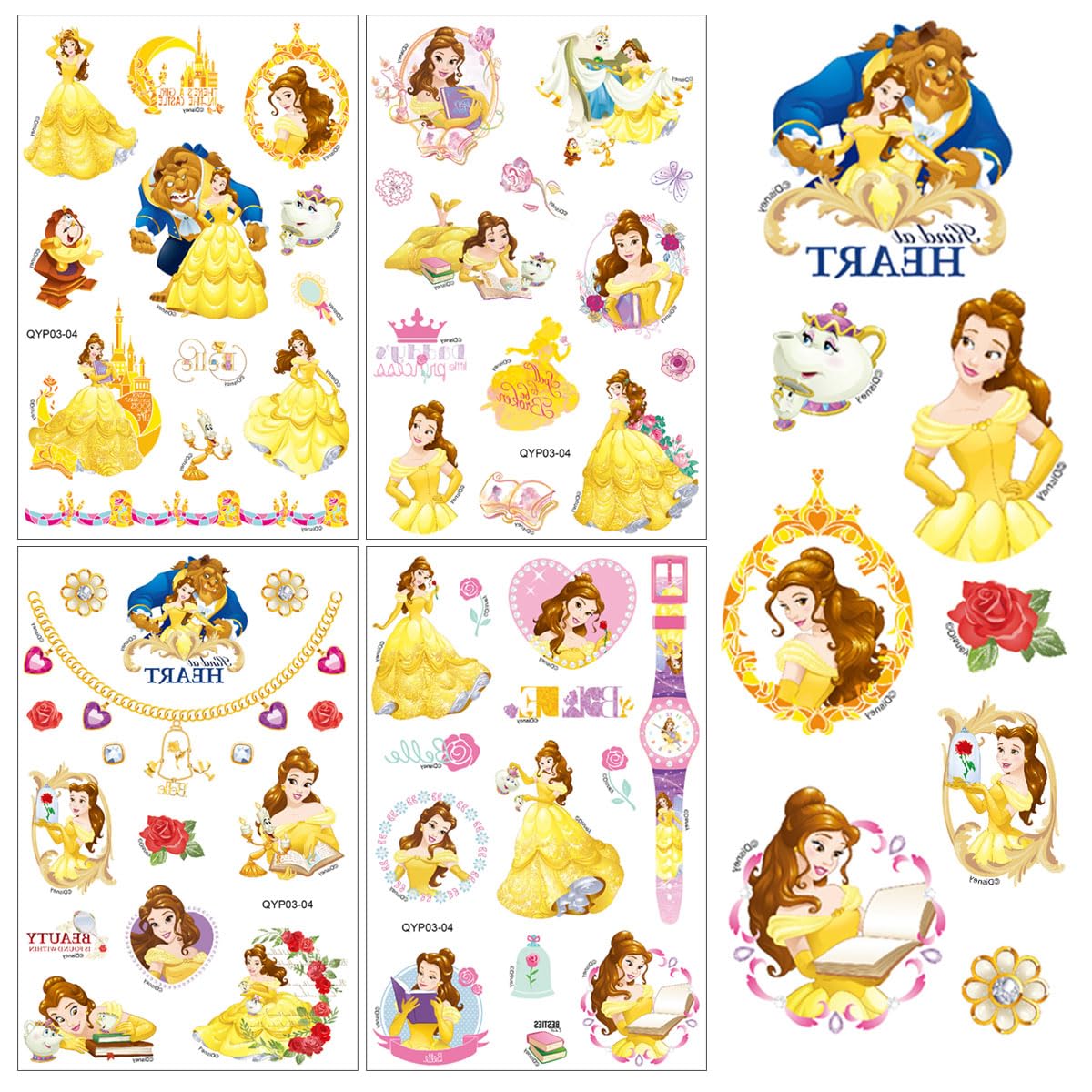 FRESHOER Beauty and the Beast Temporary Tattoos,4 Sheets 100+ Kids Tattoo Stickers