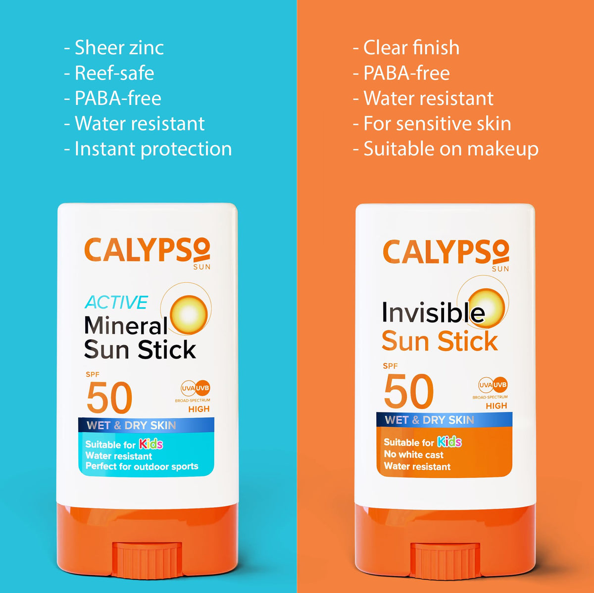 Calypso Mineral Sun Stick, SPF50 Sun Protection with Zinc Oxide for Wet and Dry Skin, Hypoallergenic, PABA free, 15g
