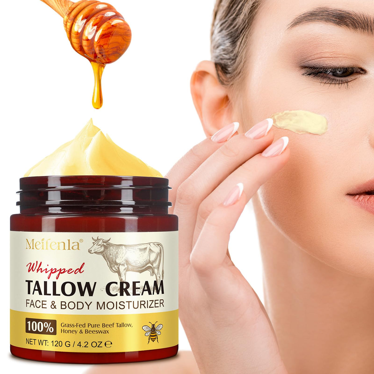 herlosfeel Whipped Beef Tallow Skin Care,120g Beef Tallow Moisturiser And Raw Honey Balm, 100% Organic Tallow Face Cream Grass Fed Butter, Beef Tallow For Skin-Deeply Nourishing For Face & Body Tallow Balm