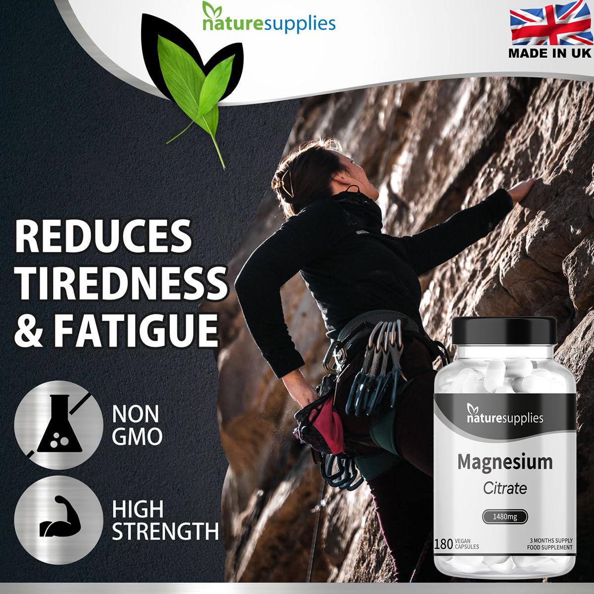 Magnesium Citrate Capsules 1480mg, 180 Per Bottle 3 Months Supply UK-Made, High Absorption Magnesium Supplements, Contributes to The Normal Function of Bones, Teeth, Energy - Naturesupplies…