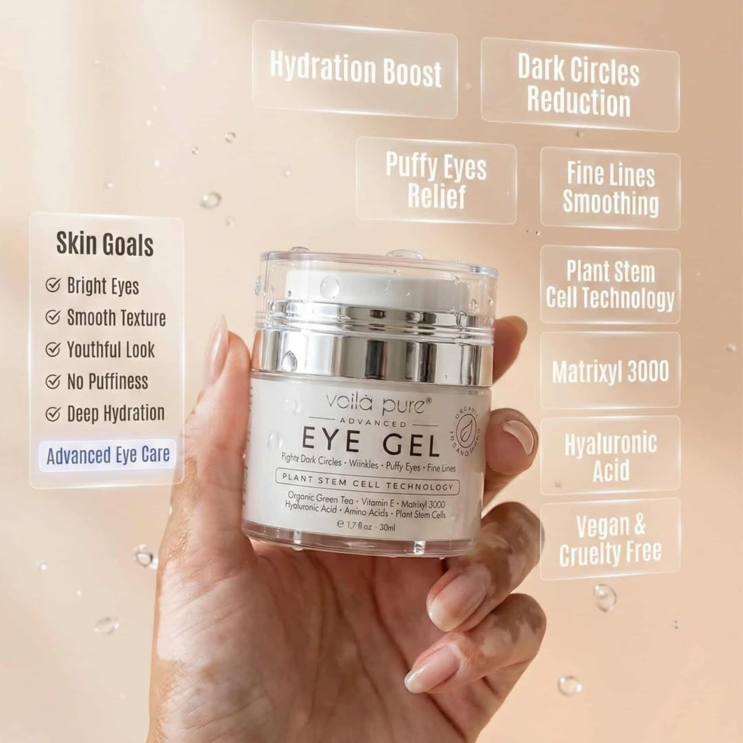 Voila pure Voilà Pure -EYE CREAM - Cures Dark Circles, Puffiness & Crows Feet - Powerful But Gentle Organic Eye Gel - Anti-Ageing Formula With Matrixyl 3000 & Plant Stem Cells - 60ml Bottle