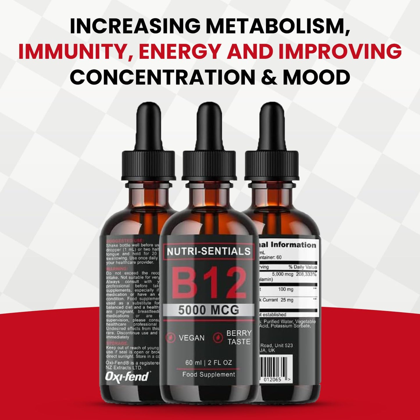 Nutri-Sentials Vitamin B-12 Liquid Drops - 5000 mcg Methylcobalamin High Strength Supplement, for Increasing Metabolism, Immunity, Energy and Improving Concentration & Mood - Vegan Berries Flavour, 60ml