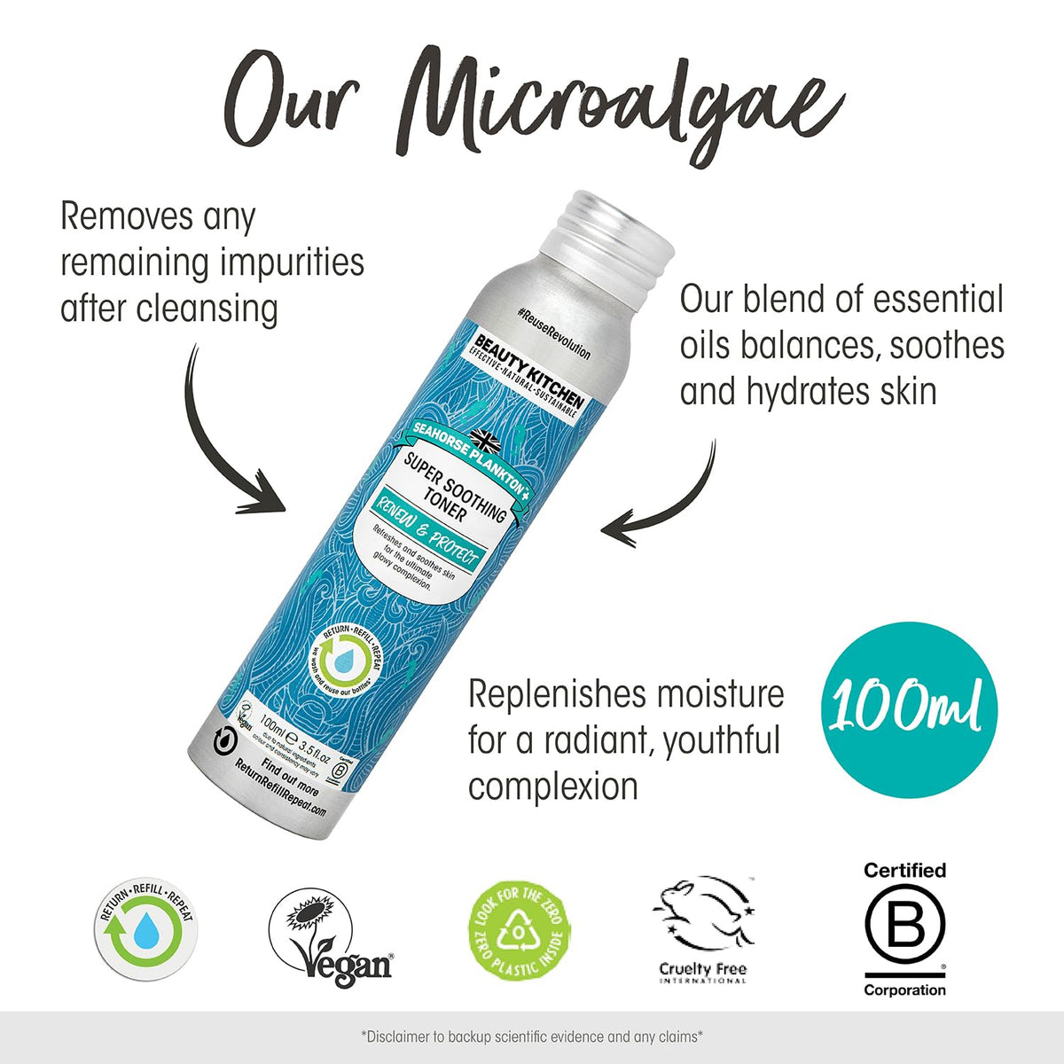 Beauty Kitchen - Seahorse Plankton + Super Soothing Toner 100ml - Clears Pores, Excess Oil, Blacheads & Impurities - Smooths Skin Texture & Hydrates - Vegan/Cruelty Free