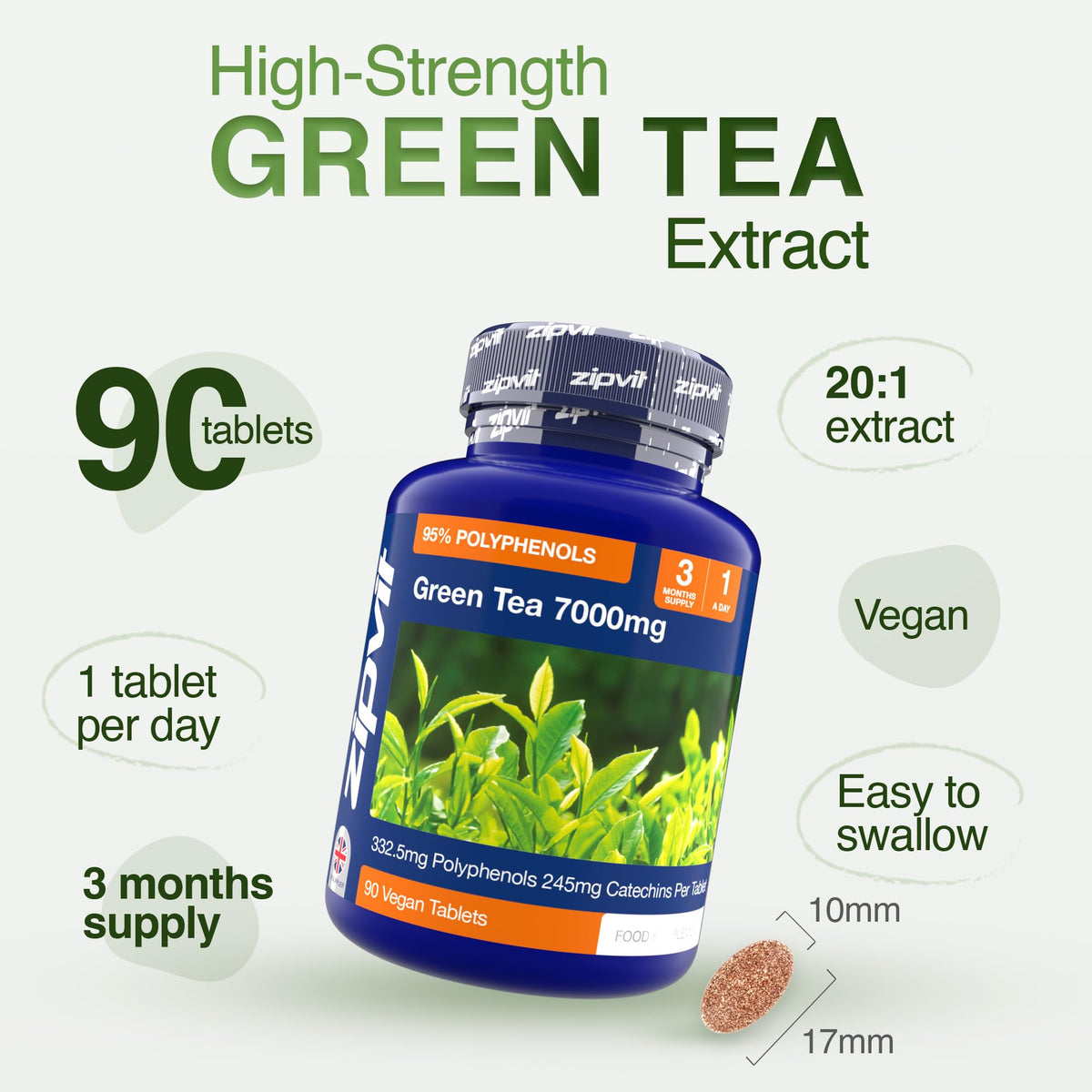 Zipvit Green Tea Extract 7000mg Antioxidant, 95% Polyphenols. 90 Vegan Green Tea Tablets. 3 Months Supply.
