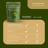 Roundway Supplements Wormwood Black Walnut and Clove Capsules | High Strength Supplement for Humans | 2 Months Supply | 60 Capsules, 600mg per Serving | Vegan Supplement and UK Made (Pack of 1)