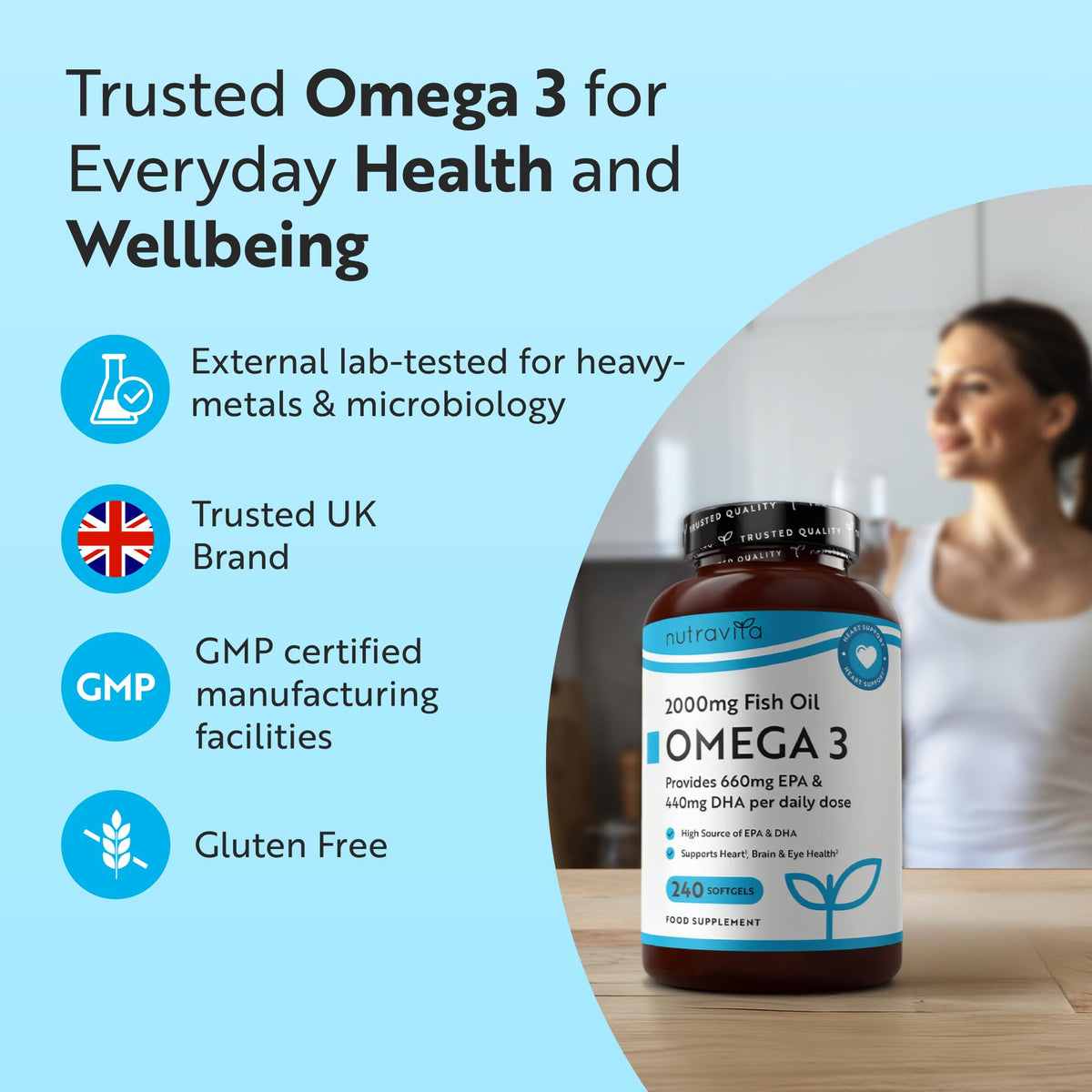 Nutravita Omega 3 Capsules High Strength 2000mg with 660mg EPA & 440mg DHA - 240 Softgel Omega 3 Fish Oil Capsules for 4 Months of Supply - Heart, Brain & Vision - Fish Oil Supplements