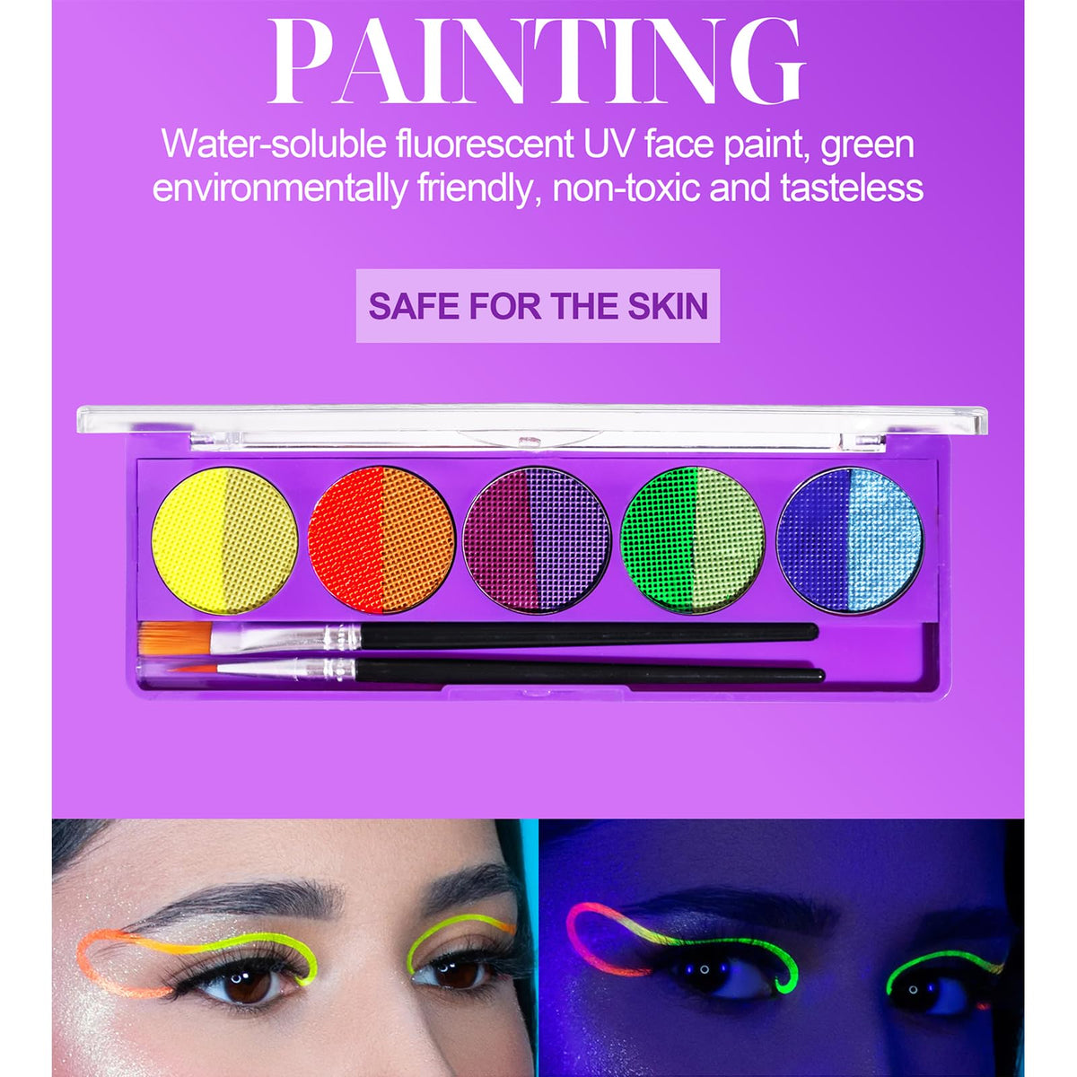 YUDDUO 10 Colors Face Painting Kit With 2 Paint Brushes, Body Paint, Glow in the Dark Face Paint, Water-Based Face Paint For Halloween Party Cosplay Clown Sfx Makeup (02)