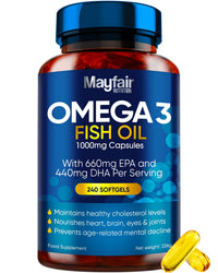 Mayfair Nutrition Omega 3 1000mg Capsules - 240 Fish Oil Tablets with 660mg EPA & 440mg DHA per Daily Serving - Supports Heart, Vision, & Brain Health - 4 Months Supply - Made in UK…