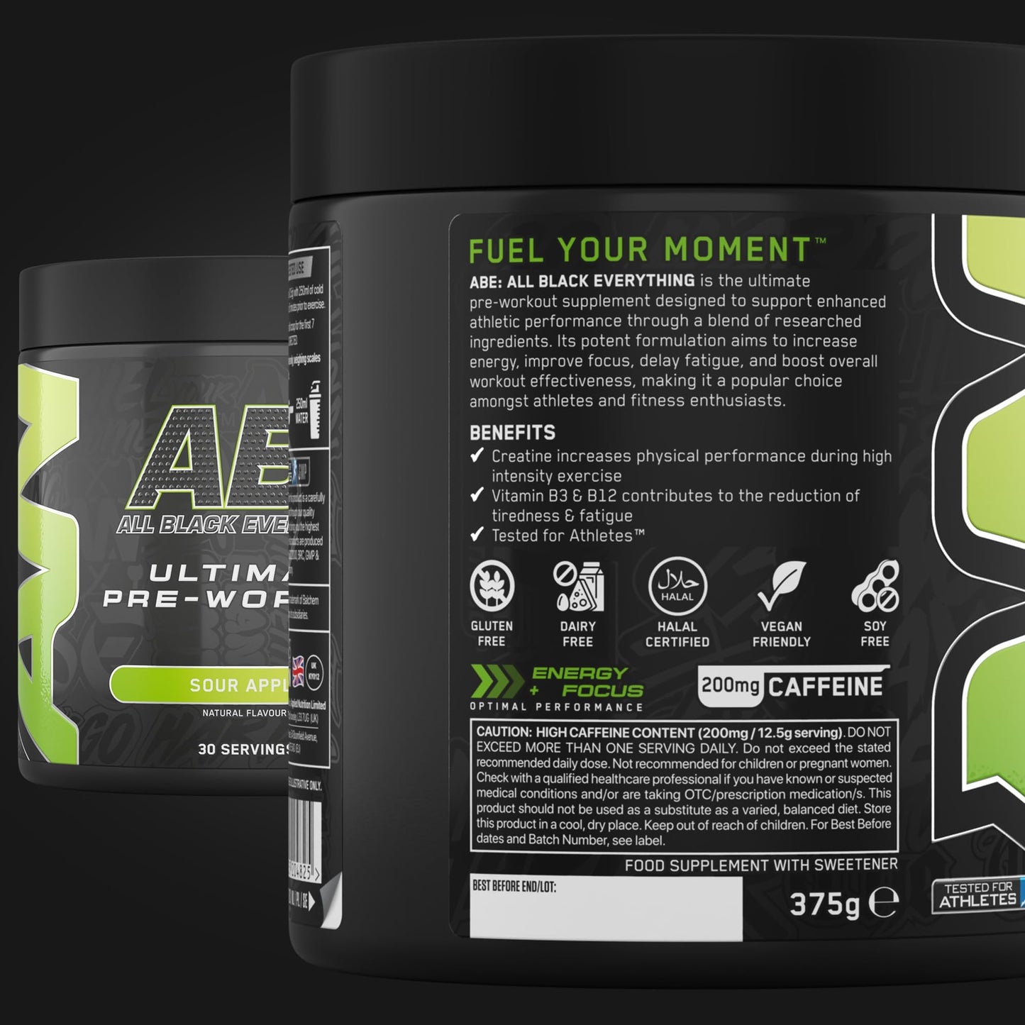 Applied Nutrition Bundle ABE Pre Workout 375g + ABE Black Shaker 700ml | All Black Everything Pre Workout Powder, Energy Drink, Physical Performance, Creatine, Beta Alanine, Caffeine (Sour Apple)