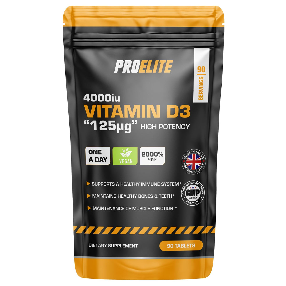Vitamin D3 4000 iu 90 Vegan Tablets - 3 Months Supply | High Strength Vitamin D Supplement for Immune System, Bone & Muscle Support | Made in UK & Gluten Free by PROELITE