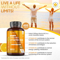 Vitamin B12 High Strength 1000mcg - 1+ Year Supply - 400 Chewable & Vegan Vitamin B12 Tablets - Sugar-Free Methylcobalamin - Vit B12 Supplement for Tiredness & Fatigue - Lemon Flavour - Made in The UK