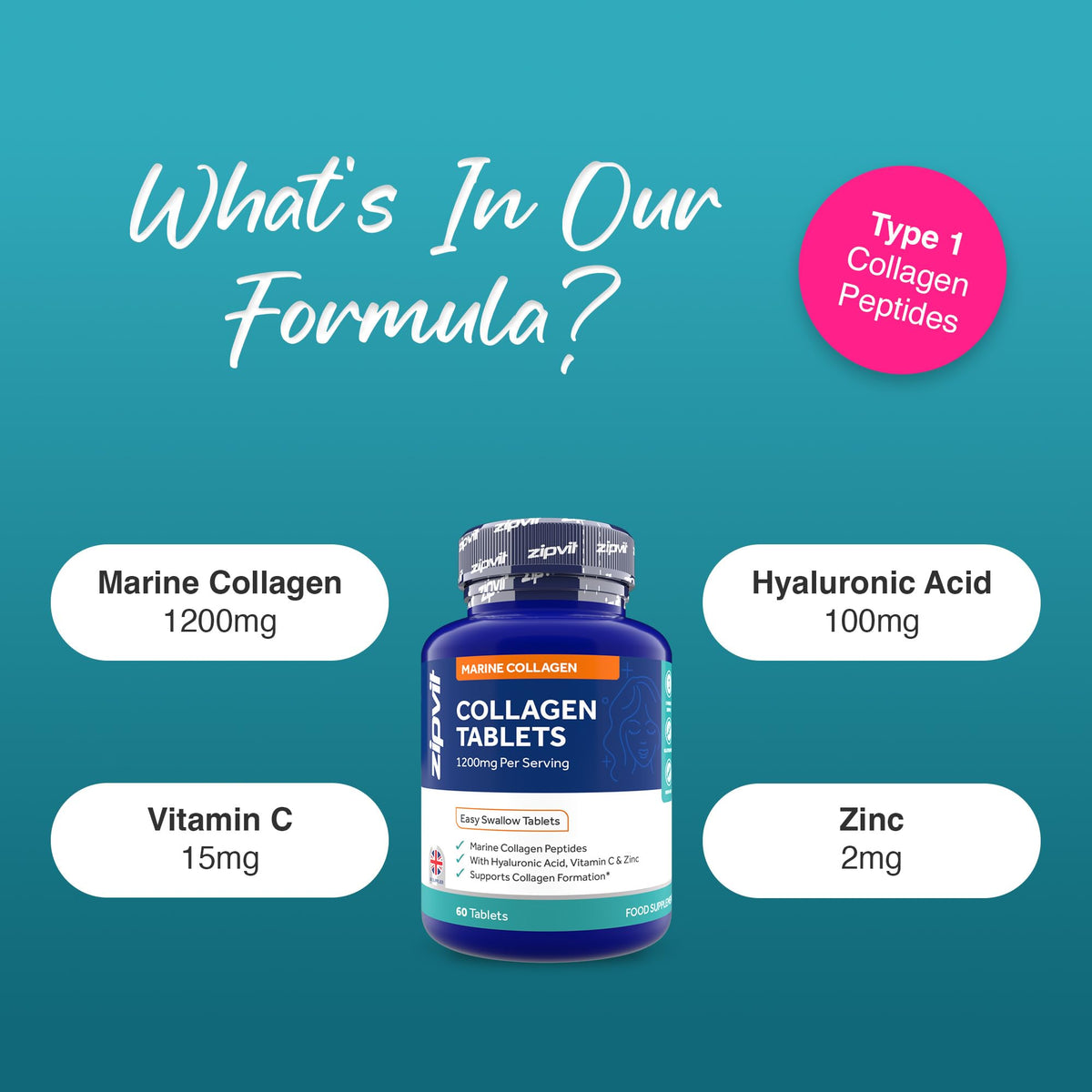 Zipvit Marine Collagen Tablets 1200mg with Hyaluronic Acid, Vitamin C & Zinc, Type 1 Collagen Supplements for Women and Men, Supports Hair, Skin, and Nails, 60 Tablets, 1 Month Supply