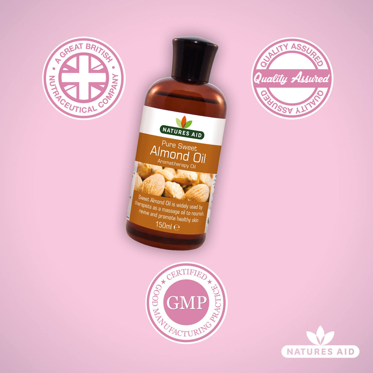 Natures Aid Sweet Almond Oil 150ml – 100% Pure Massage Aromatherapy Oil for Dry Sensitive or Irritated Skin – Vegan, Non-GMO, Gluten-Free – Hydrates, Soothes, Nourishes – Natural Skincare – Pack of 1