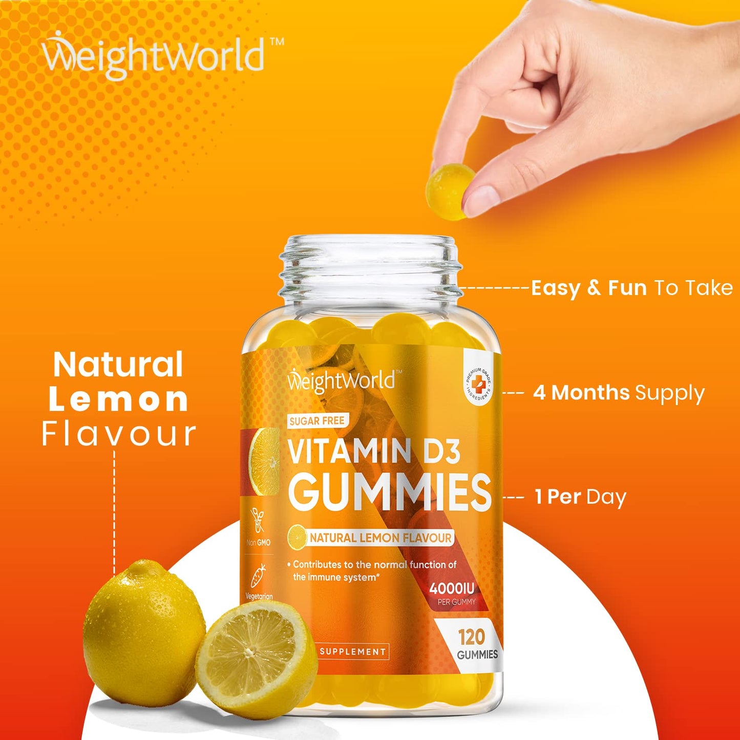 Vitamin D Gummies Adults 4000IU - Sugar-Free - 4 Months Supply - Natural Lemon Flavour - 120 Chewable Vitamin D3 Gummies - Vegetarian Friendly - High Strength Vitamin D Supplement - GMO & Gluten Free