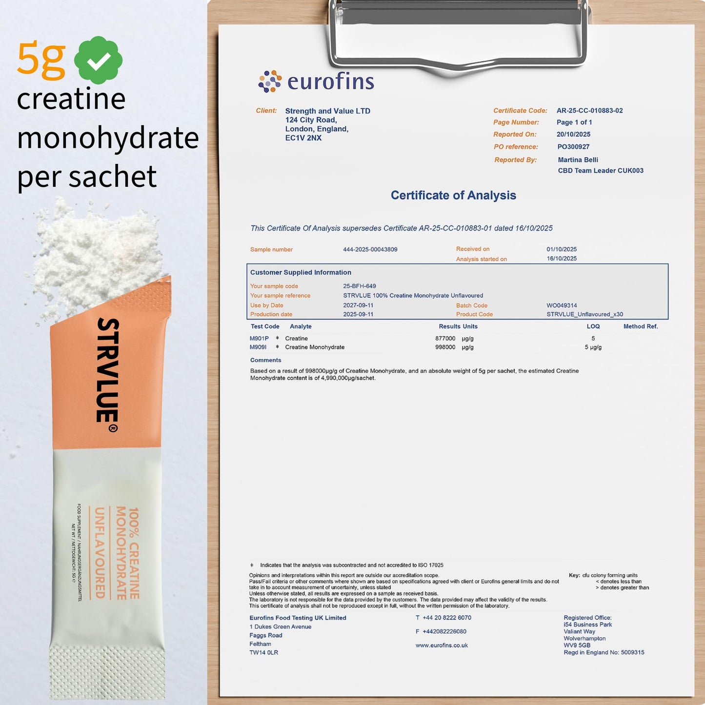 STRVLUE 100% Pure Lab Tested Creatine Monohydrate Powder | 30x5g Travel Sachets | Ultra‑Fine Micronised | Unflavoured | Supports Muscle Growth, Strength, Recovery & Performance, Cognition | for Men & Women
