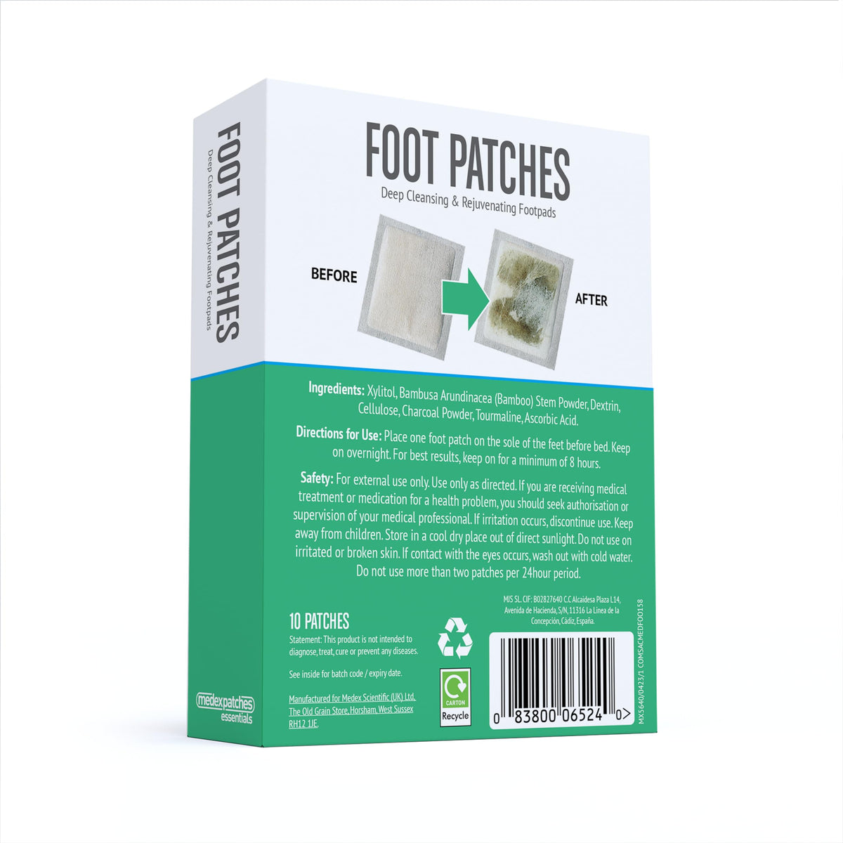 MEDEXPATCHES Medex Essentials Detox Foot Patches (10 Patches) Deep Cleansing & Rejuvenating Footpads with Natural Bamboo, Activated Charcoal - UK & EU Approved, by Medex Patches