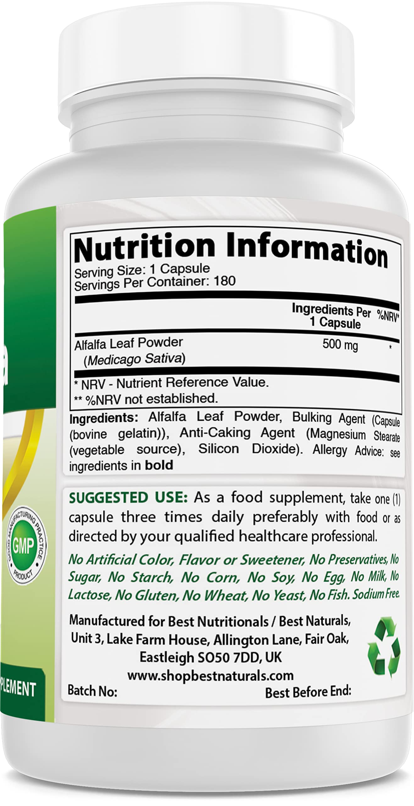 Best Naturals Alfalfa Green Super Food 500 mg 180 Capsules