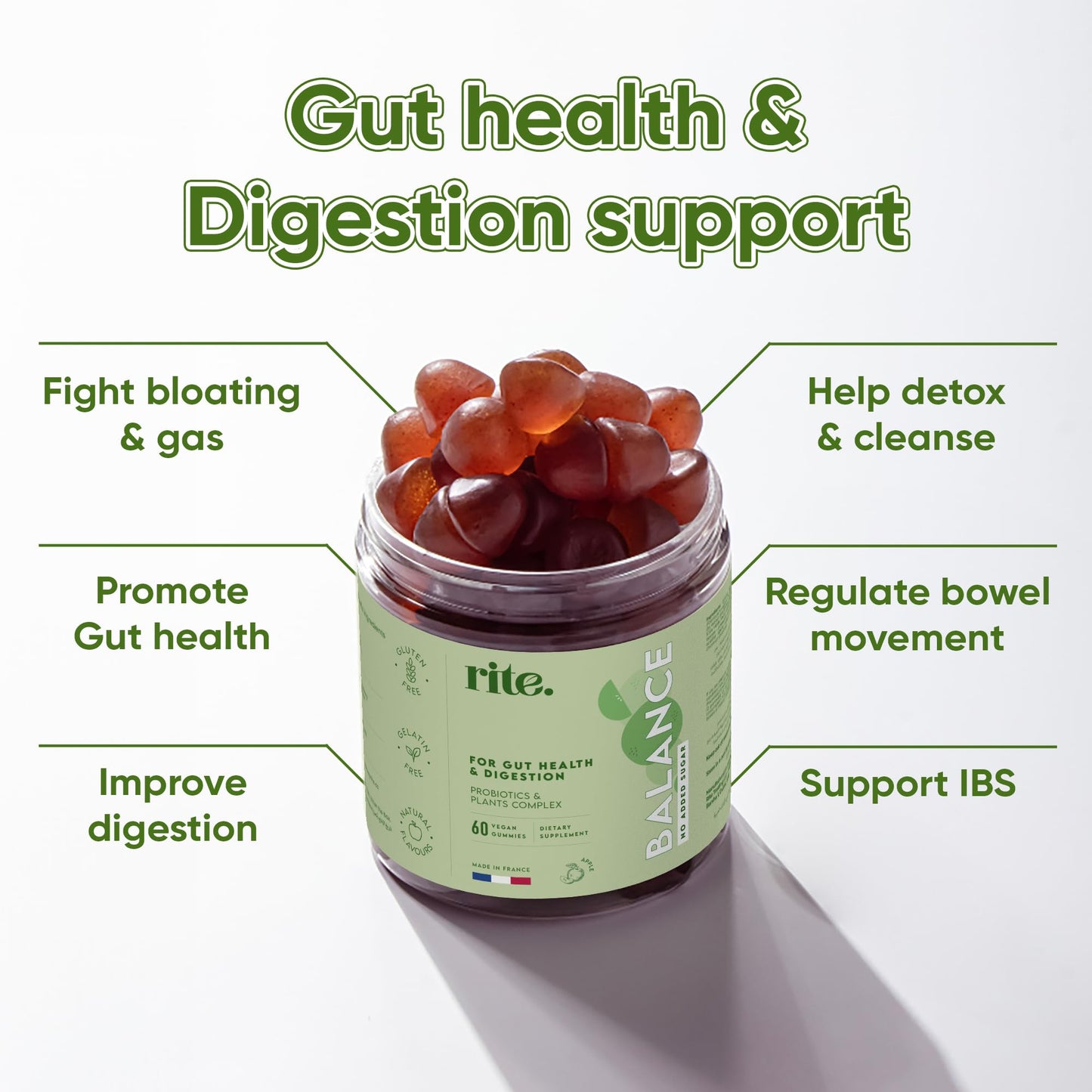 Rite Balance Probiotics Sugar Free Gummies, Gut Health, Digestion, Bloating Relief and Immune Support, Vegan, Apple Flavour (60 Count)