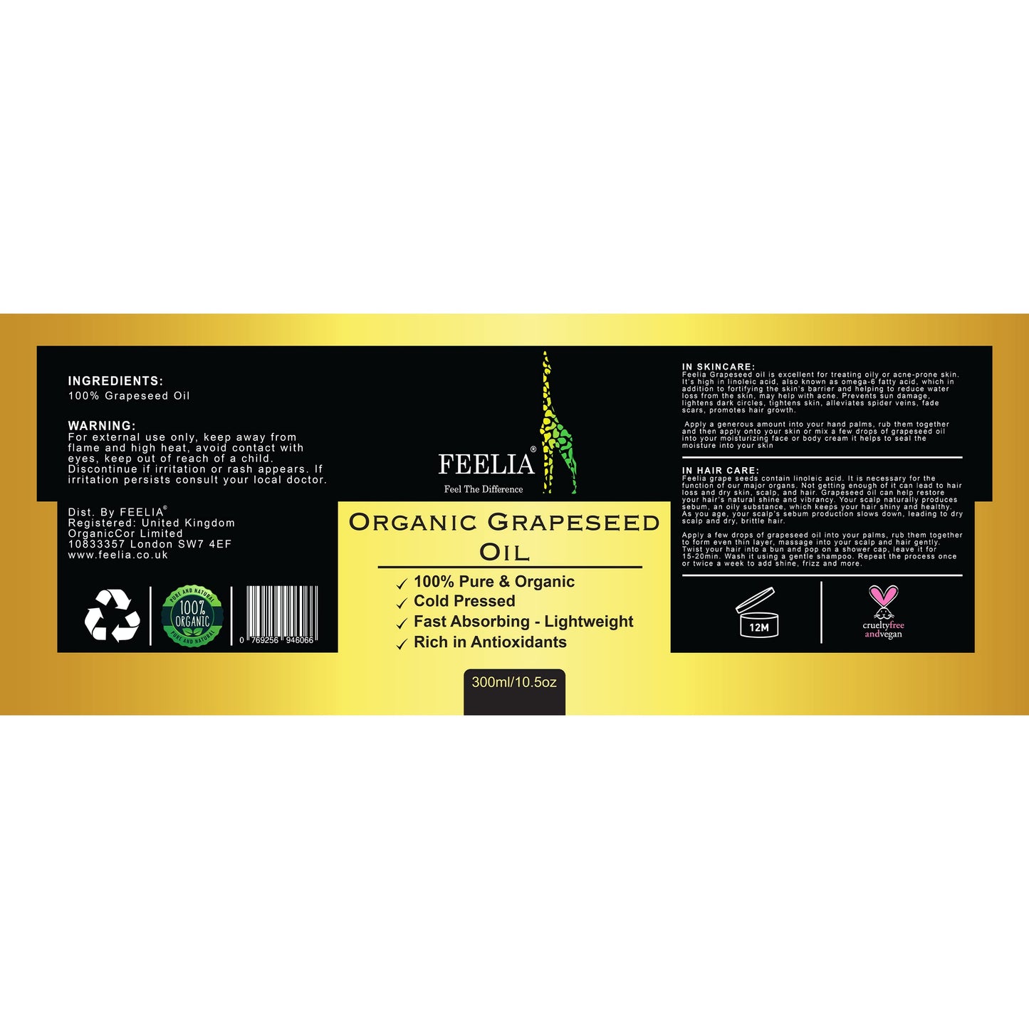 Feelia - Organic Grapeseed Oil - Cold Pressed, Rich in Antioxidants, Fast Absorbing - Lightweight, 100% Pure & Organic