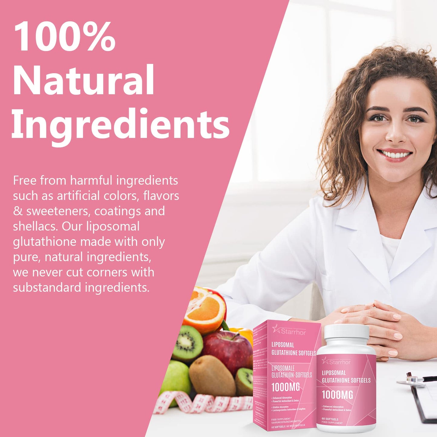 Starrhor Liposomal Glutathione 1000mg, Reduced Glutathione with Vitamin C & Hyaluronic Acid, 240 Softgels